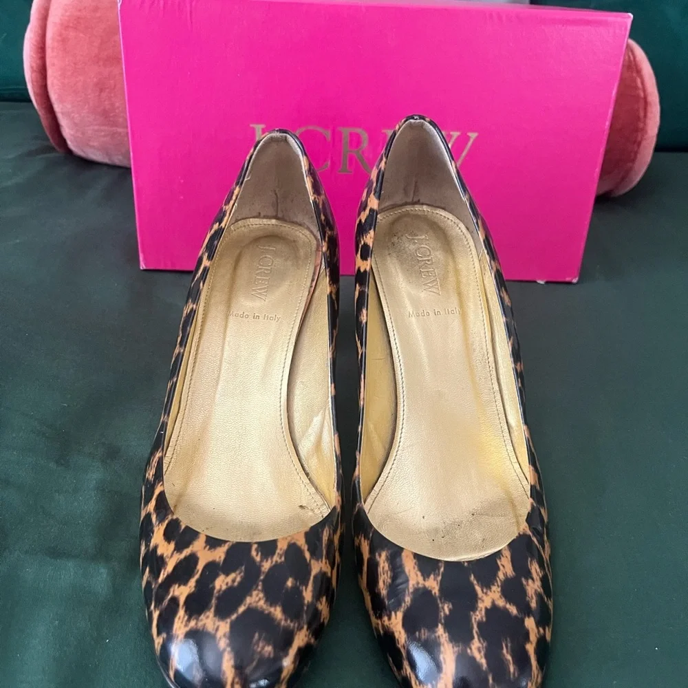 J. Crew vintage patent leather, leopard animal print heels, size 9.5